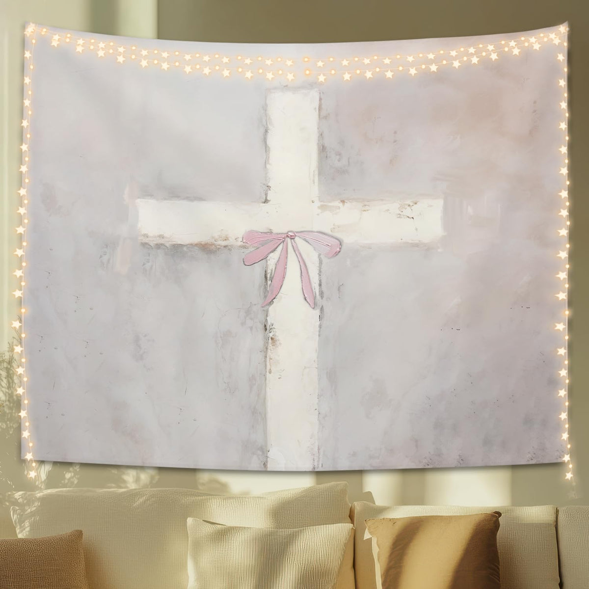 STHTTSW Wildflower Pink Bow Tapestry Aesthetic, Flower Tapestries Wall Blanket, Neutral Beige Botanical Wall Hanging Decor for Teen Girl Women Home Living Room Bedroom, 50x60 Inch