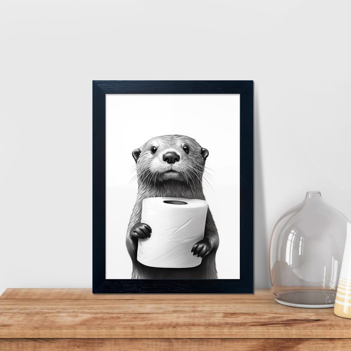 Bathroom Picture Wall Decor, Framed Black and White Bathroom Wall Art, Toilet Paper in Little Funny Raccoon's Hand Animal Canvas Print Painting