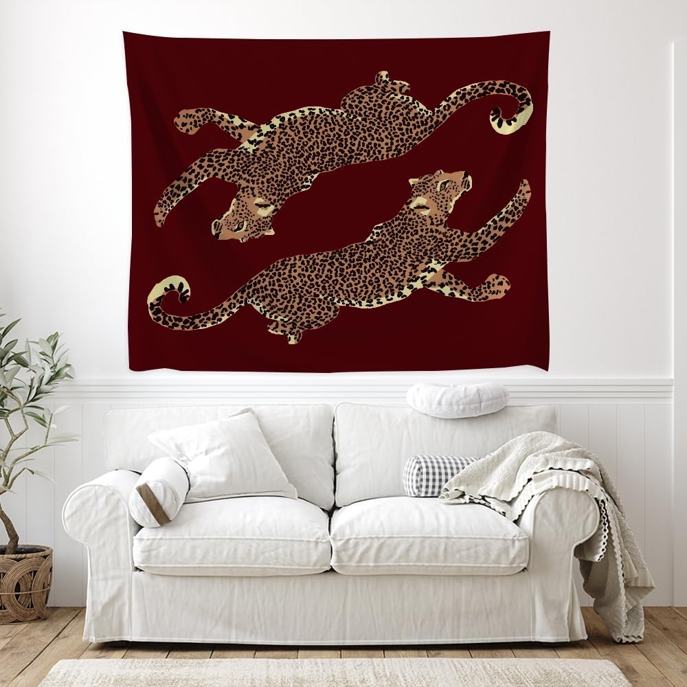 Burgundy Leopard Wall Tapestry Double Wild Cat Illustration Graphic Jungle Art Edgy Teen Room Dorm Decor Large Fabric Hanging Statement Tapestries 30x40inch