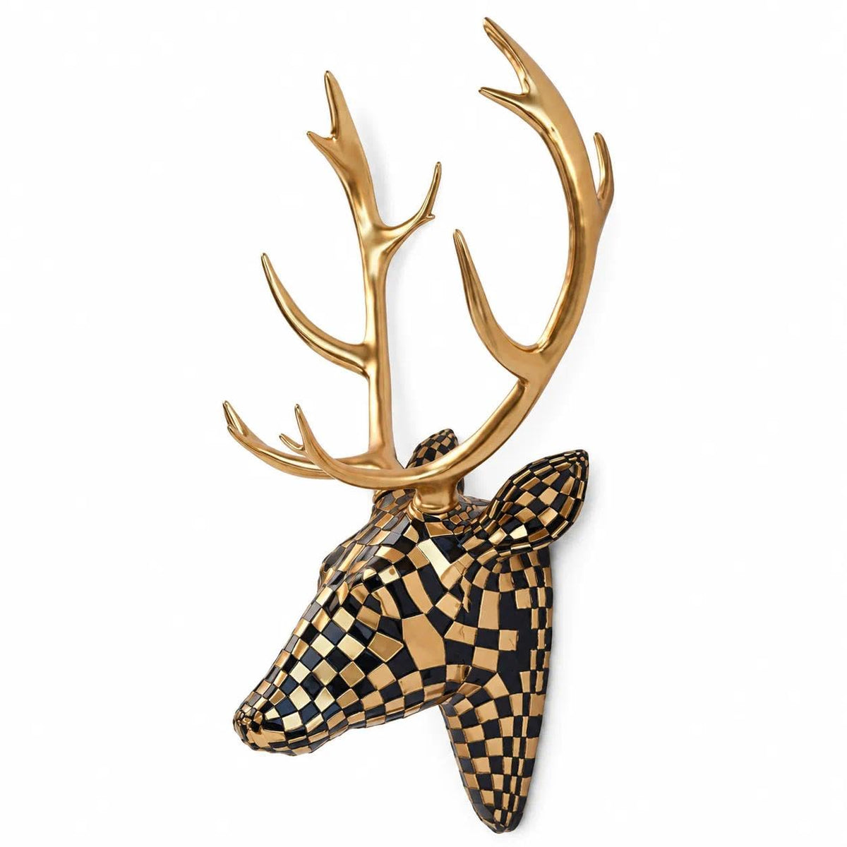 GIGICICI Mosaic Deer Head Wall Decor 15.7x8.7 Inch, Artistic Faux Resin Animal Head Wall Sculpture Hanging for Living Room Bedroom Kitchen Office, White-Gold Gift