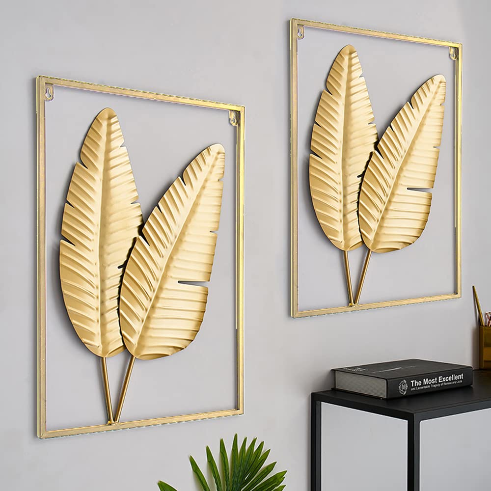 HKaikzo Gold Metal Wall Decor Set of 2, Leaf Hanging Home Decor with Frame