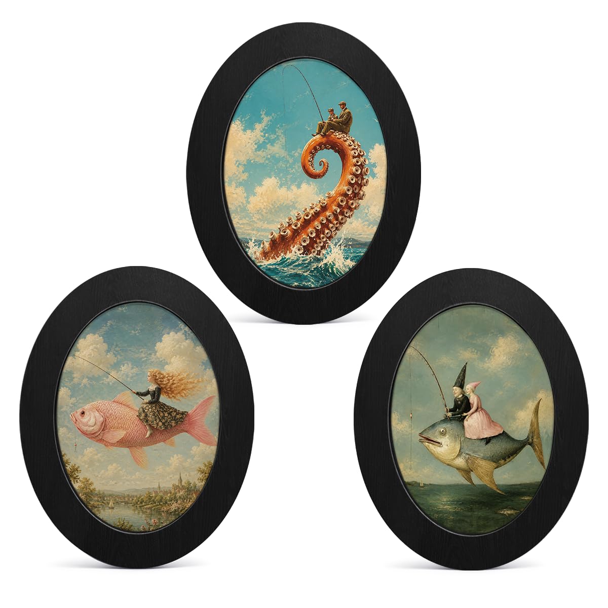 3Pcs Funny Ghost Halloween Bathroom Oval Wall Art Framed Spooky Decor