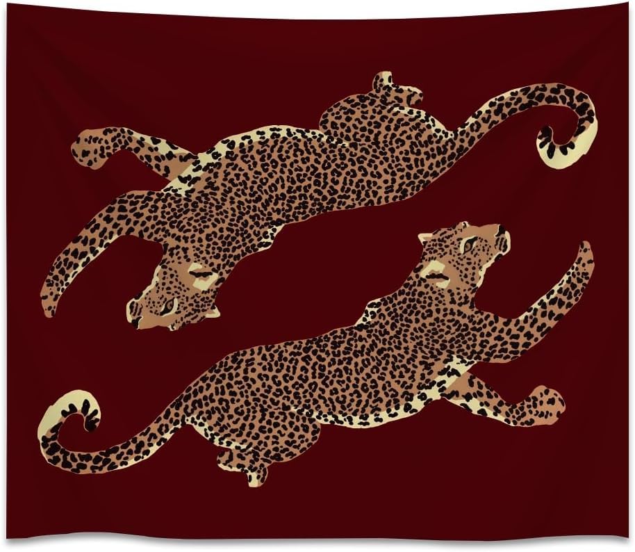 Burgundy Leopard Wall Tapestry Double Wild Cat Illustration Graphic Jungle Art Edgy Teen Room Dorm Decor Large Fabric Hanging Statement Tapestries 30x40inch