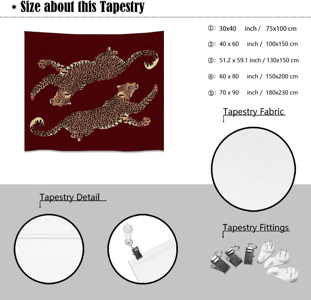 Burgundy Leopard Wall Tapestry Double Wild Cat Illustration Graphic Jungle Art Edgy Teen Room Dorm Decor Large Fabric Hanging Statement Tapestries 30x40inch