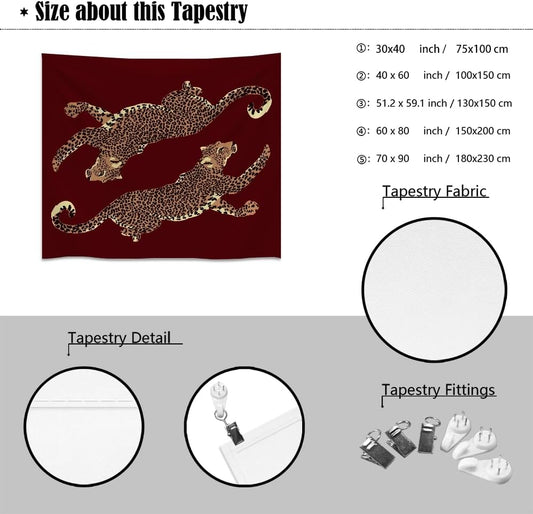 Burgundy Leopard Wall Tapestry Double Wild Cat Illustration Graphic Jungle Art Edgy Teen Room Dorm Decor Large Fabric Hanging Statement Tapestries 30x40inch