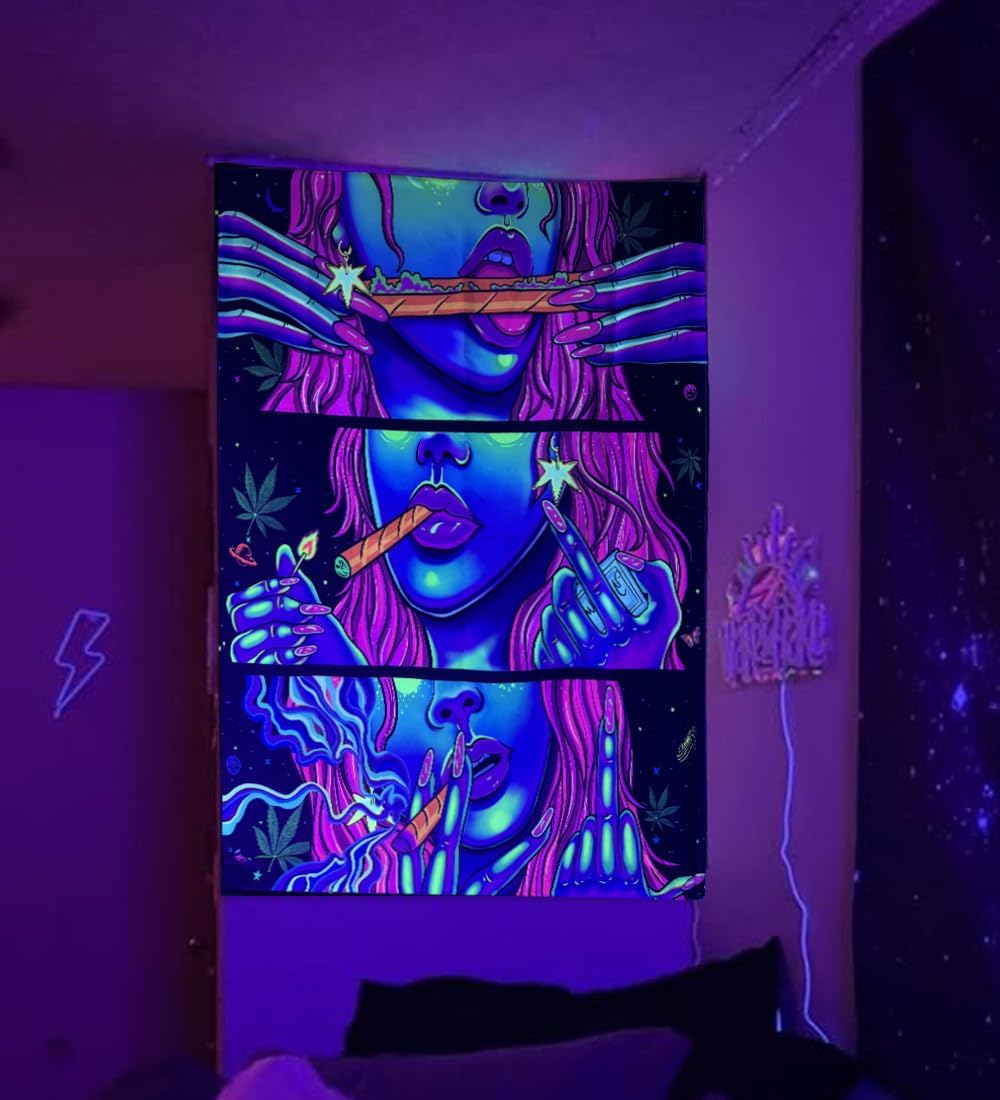 Hippie Hippy Wall Tapestry Trippy Smoking Tapestry Blacklight Tapestries for Stoner Bedroom Room Decor Weed Accessories Smoke Tapestrys Marijuana Cannabis High ST Poster Trippy Room Decor 29” x 37”