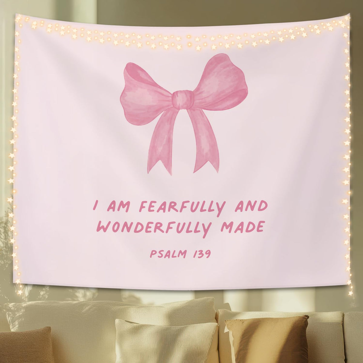 STHTTSW Wildflower Pink Bow Tapestry Aesthetic, Flower Tapestries Wall Blanket, Neutral Beige Botanical Wall Hanging Decor for Teen Girl Women Home Living Room Bedroom, 50x60 Inch