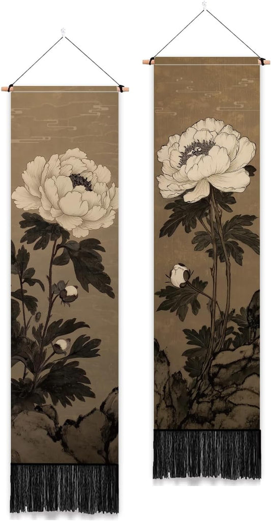 PLIGREAT 2 Pack Japanese Peony Vertical Tapestry with Tassels Elegant Flower Wall Hanging for Bedroom Bathroom Living Room Warm Long Narrow Wall Hanging Dorm Room Home Art Decor