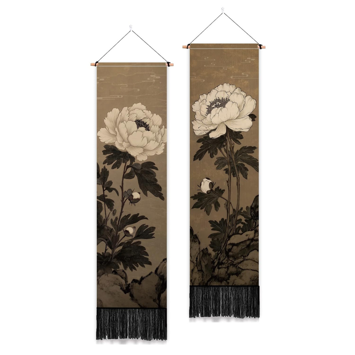 PLIGREAT 2 Pack Japanese Peony Vertical Tapestry with Tassels Elegant Flower Wall Hanging for Bedroom Bathroom Living Room Warm Long Narrow Wall Hanging Dorm Room Home Art Decor