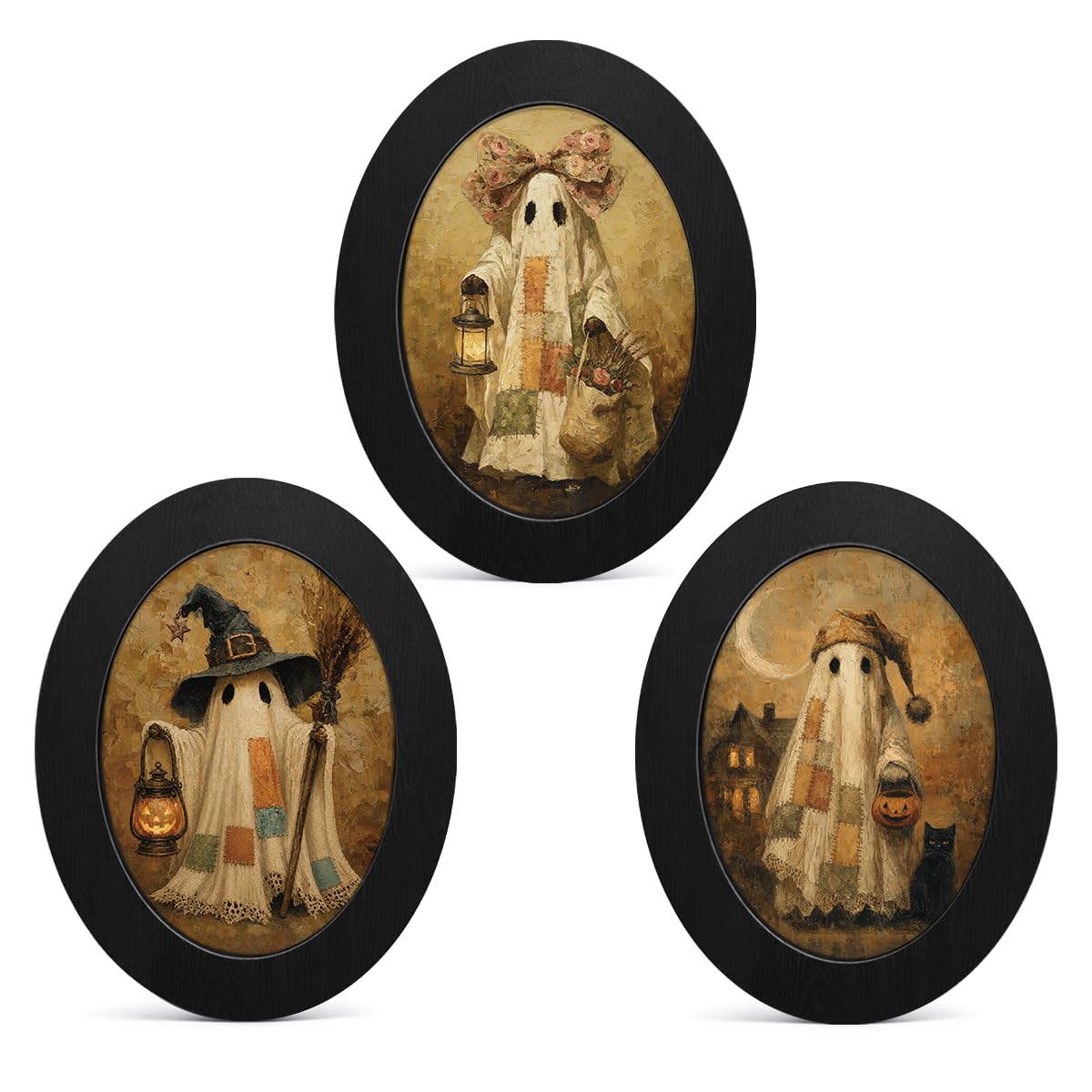 3Pcs Funny Ghost Halloween Bathroom Oval Wall Art Framed Spooky Decor