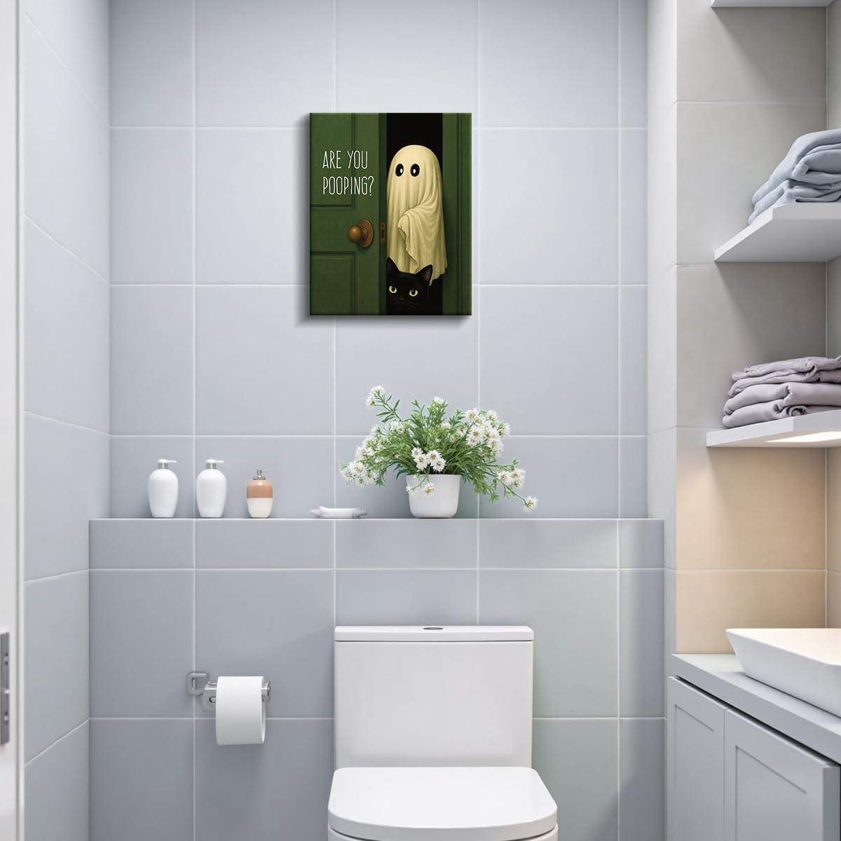 Funny Ghost Cat Halloween Bathroom Wall Art Ghost Are Canvas Print Framed