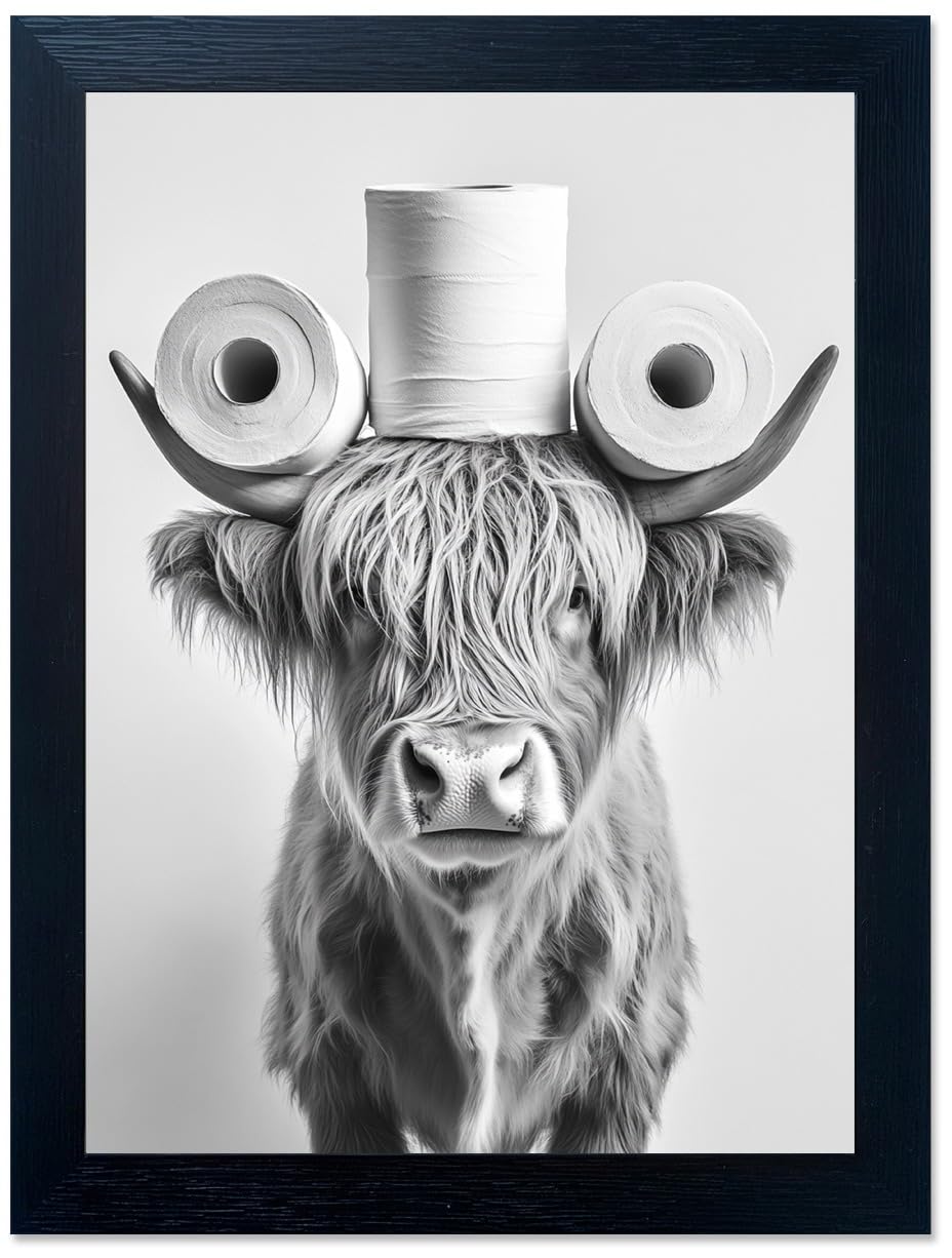 Funny Highland Cow Bathroom Wall Art - Rustic Farmhouse Wall Decor with Humorous Are You Pooping Canvas Print, Cute Animal Canvas Art for Restroom - Black Framed Cow Pictures Wall Decor Ready to Hang 8"x10"