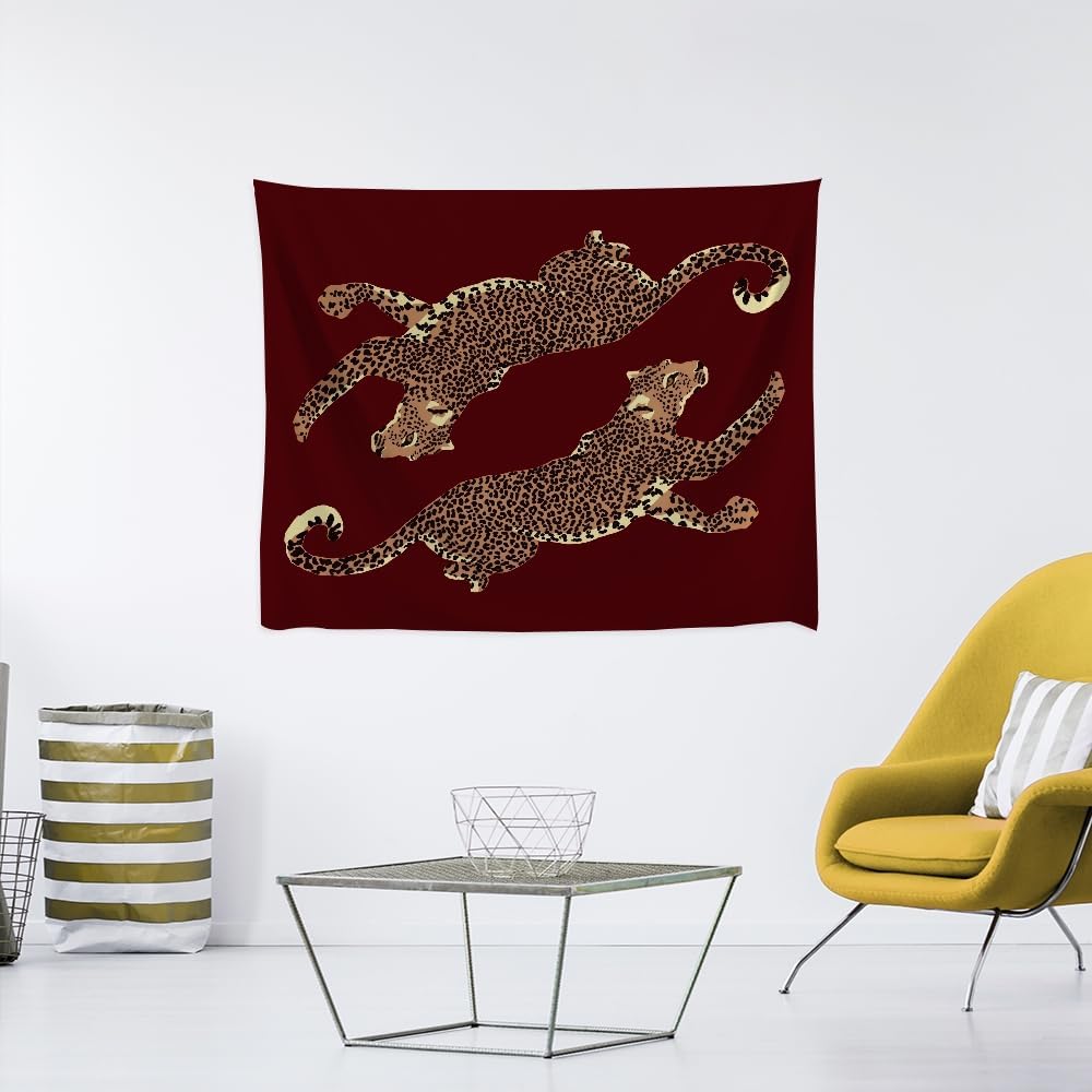 Burgundy Leopard Wall Tapestry Double Wild Cat Illustration Graphic Jungle Art Edgy Teen Room Dorm Decor Large Fabric Hanging Statement Tapestries 30x40inch