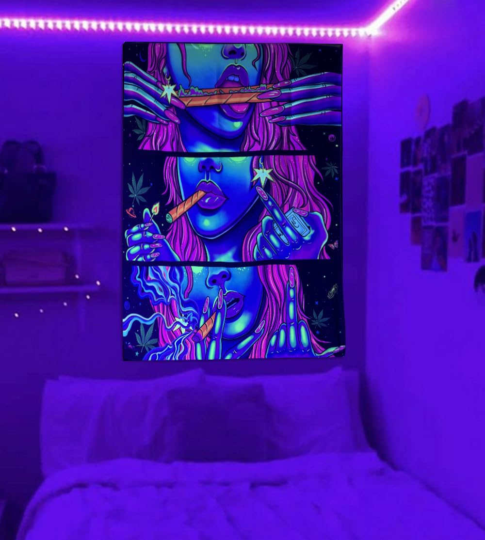 Hippie Hippy Wall Tapestry Trippy Smoking Tapestry Blacklight Tapestries for Stoner Bedroom Room Decor Weed Accessories Smoke Tapestrys Marijuana Cannabis High ST Poster Trippy Room Decor 29” x 37”