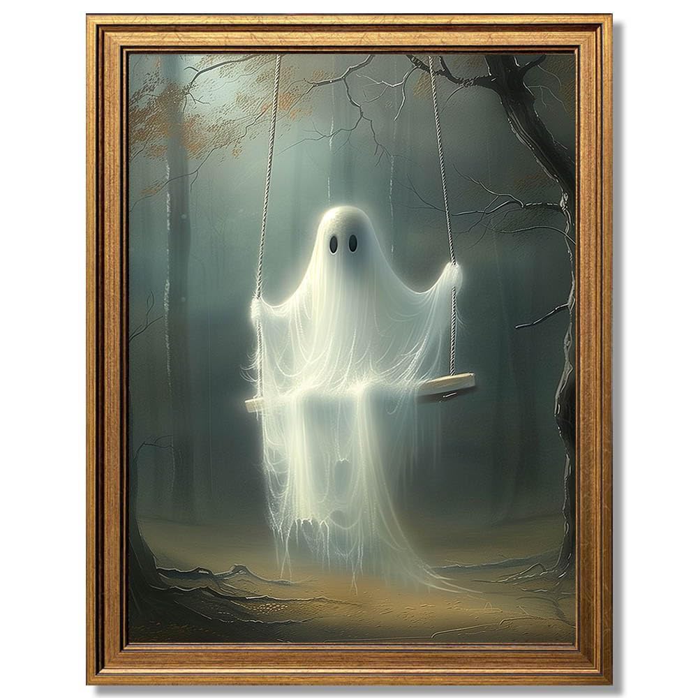 Wemandh Framed Halloween Decorations Fall Decor Wall Art, Rustic Landscape Wall Decor, Cute Ghost Decor Wall Art, Aesthetic Halloween Wall Decor (9.5''x12'')
