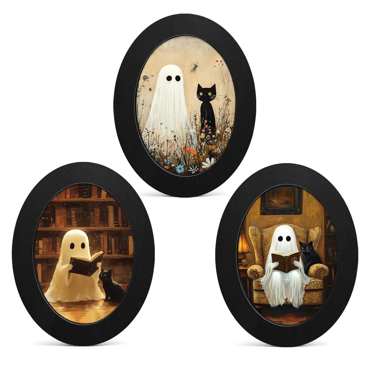 3Pcs Funny Ghost Halloween Bathroom Oval Wall Art Framed Spooky Decor