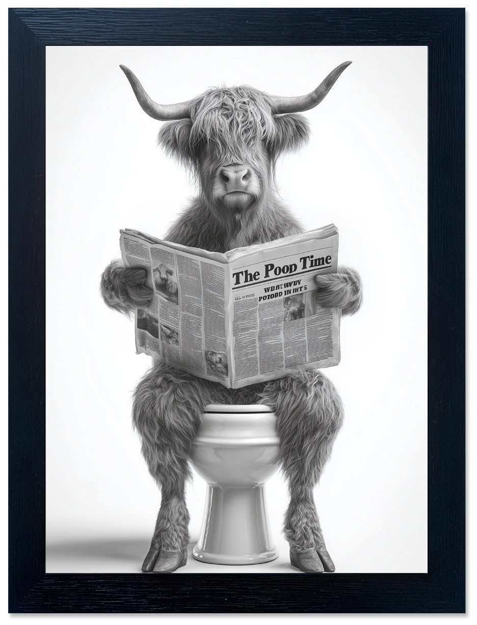 Funny Highland Cow Bathroom Wall Art - Rustic Farmhouse Wall Decor with Humorous Are You Pooping Canvas Print, Cute Animal Canvas Art for Restroom - Black Framed Cow Pictures Wall Decor Ready to Hang 8"x10"