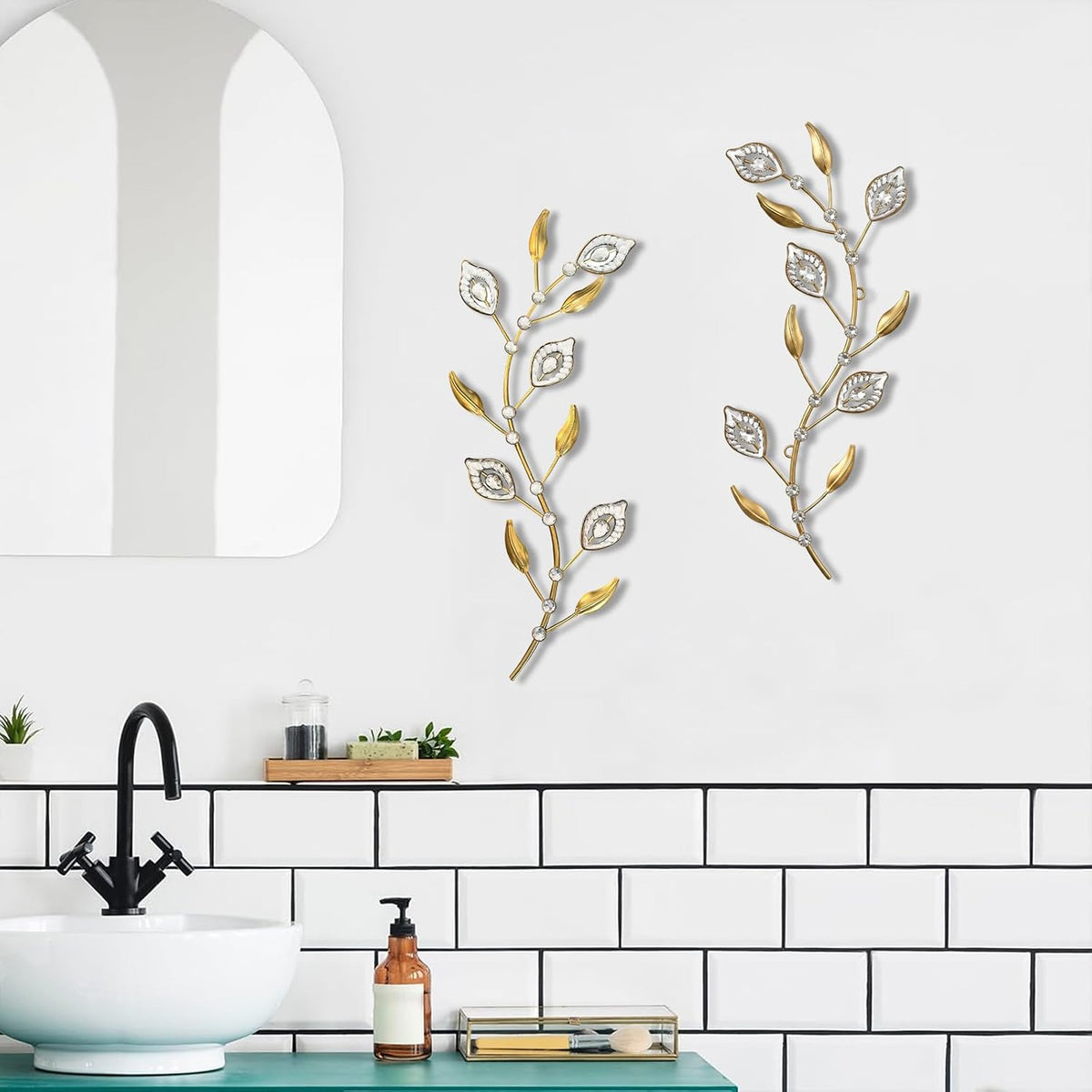 sxnzequnze 2 Set Metal Tree Leaf Wall Art for Home Decor Living Room Bedroom Dining Room Bling Rhinestone, 3D, Iron Branch Hanging Leaf Sculpture Art Pieces -Gold 16.5in*6.7in