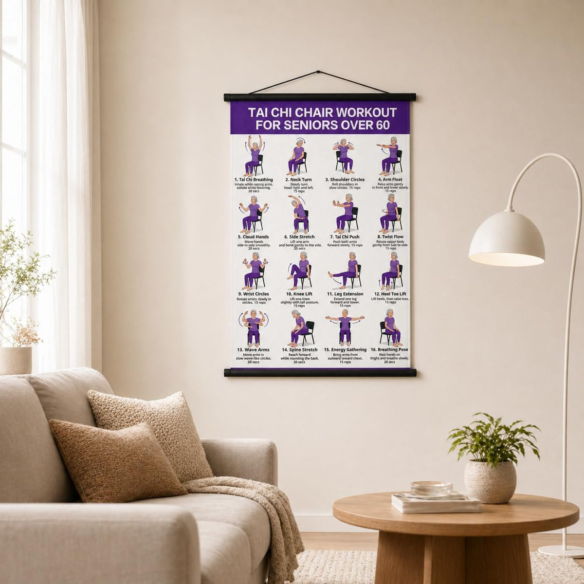 Tai Chi Chair Workout Chart, Chair Tai Chi for Seniors Poster, 16 x 24 Inch