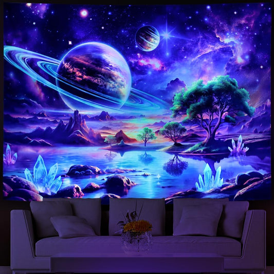Lahasbja Blacklight Galaxy Space Tapestry UV Reactive Planet Wall Hanging Magical Trees Tapestries Cosmic Mountain Landscape Wall Decor Aesthetic Starry Night Backdrop for Bedroom