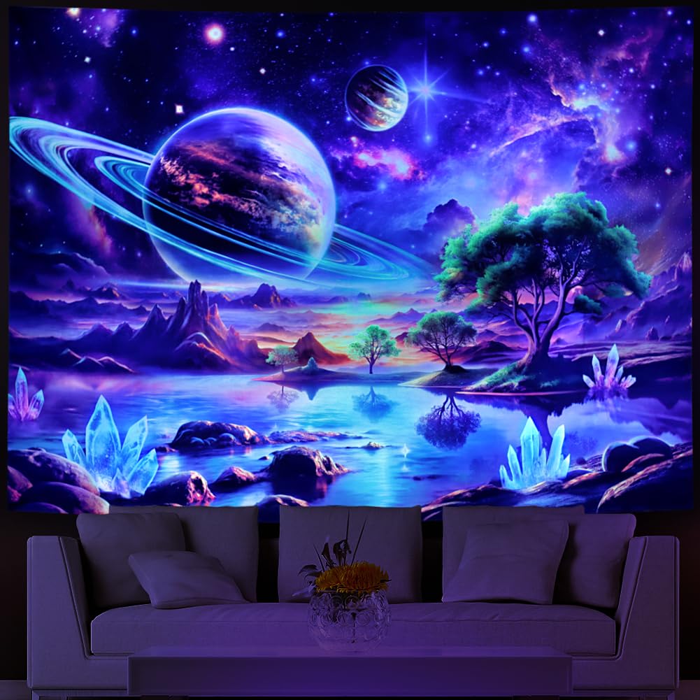 Lahasbja Blacklight Galaxy Space Tapestry UV Reactive Planet Wall Hanging Magical Trees Tapestries Cosmic Mountain Landscape Wall Decor Aesthetic Starry Night Backdrop for Bedroom