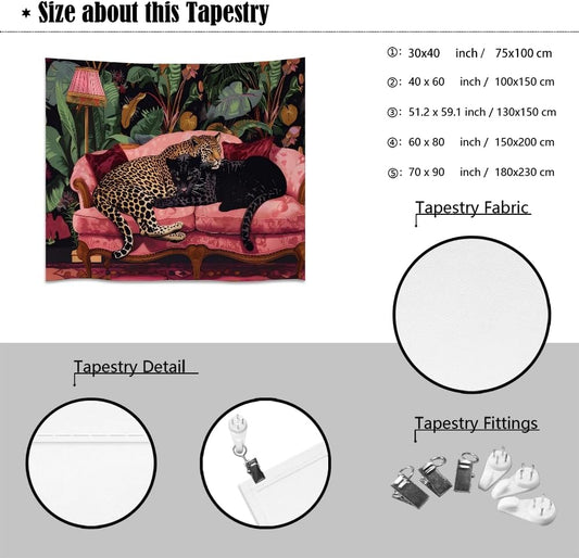 Maximalist Eclectic Cheetah Tapestry Wall Hanging Snuggly Leopard Panther In a Vintage Couch Prints Tapestries Leopard Bedroom Dorm Living Room Wall Decor 30x40inchwhite