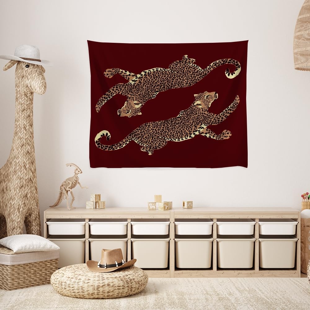 Burgundy Leopard Wall Tapestry Double Wild Cat Illustration Graphic Jungle Art Edgy Teen Room Dorm Decor Large Fabric Hanging Statement Tapestries 30x40inch