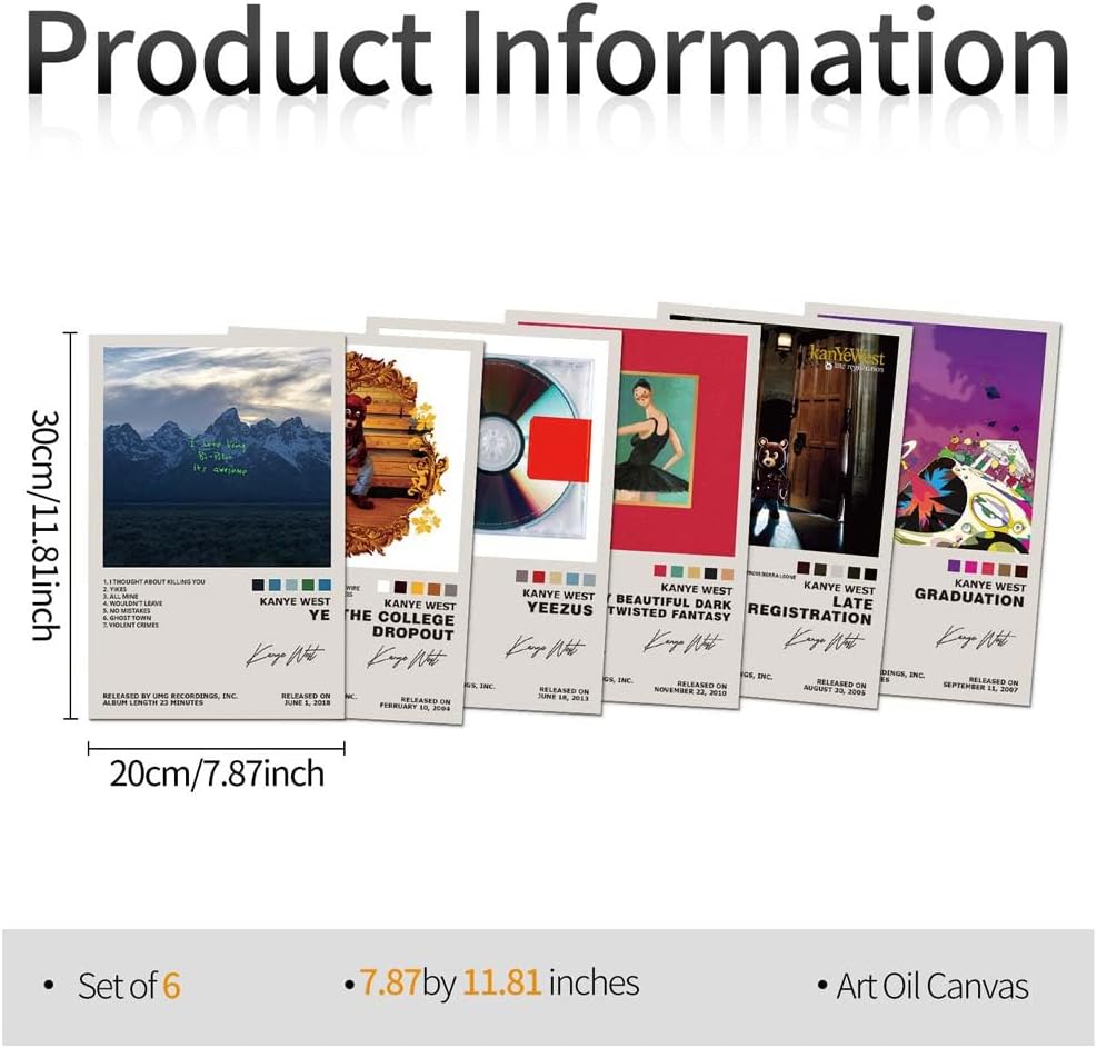TUOCYERD Kanye West Poster Set of 6 Album Cover Posters Music Posters for Room Aesthetic Music Album Wall Art for Teens Room Decor 8x12inch Unframed