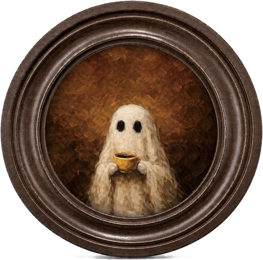 MOCHPEN Cute Ghost Round Wall Art Decor, Vintage Ghost Painting Artwork, Unique Halloween Wall Decoration for Bedroom Living Room Gallery, 5.7x5.7 Inch