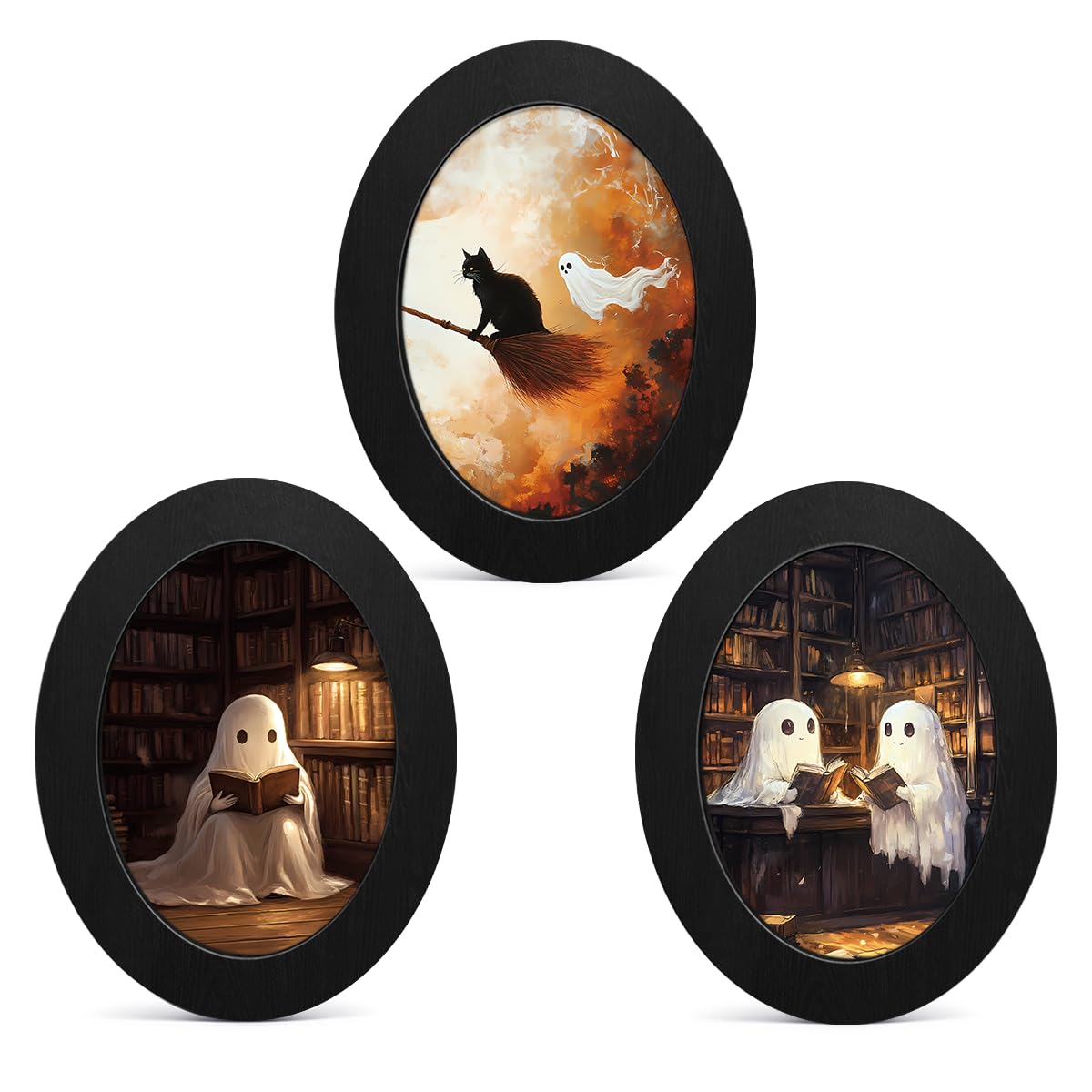 3Pcs Funny Ghost Halloween Bathroom Oval Wall Art Framed Spooky Decor