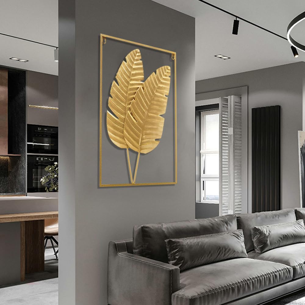 HKaikzo Gold Metal Wall Decor Set of 2, Leaf Hanging Home Decor with Frame