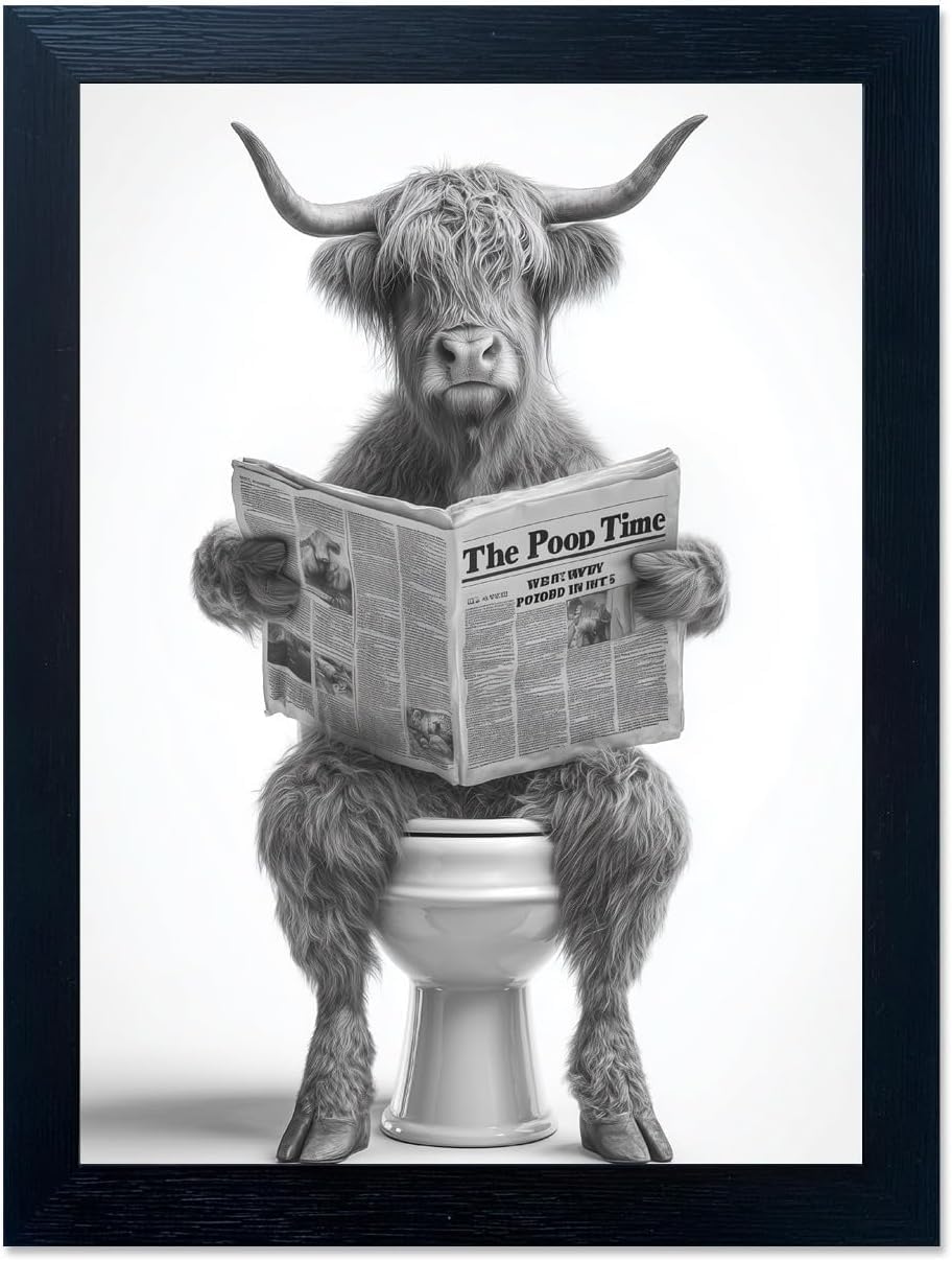 Funny Highland Cow Bathroom Wall Art - Rustic Farmhouse Wall Decor with Humorous Are You Pooping Canvas Print, Cute Animal Canvas Art for Restroom - Black Framed Cow Pictures Wall Decor Ready to Hang 8"x10"