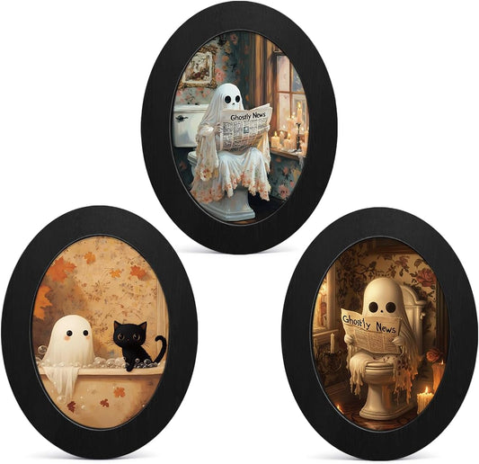 3Pcs Funny Ghost Halloween Bathroom Oval Wall Art Framed Spooky Decor