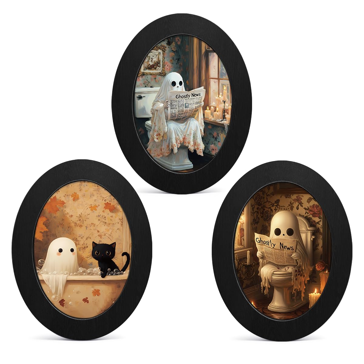 3Pcs Funny Ghost Halloween Bathroom Oval Wall Art Framed Spooky Decor