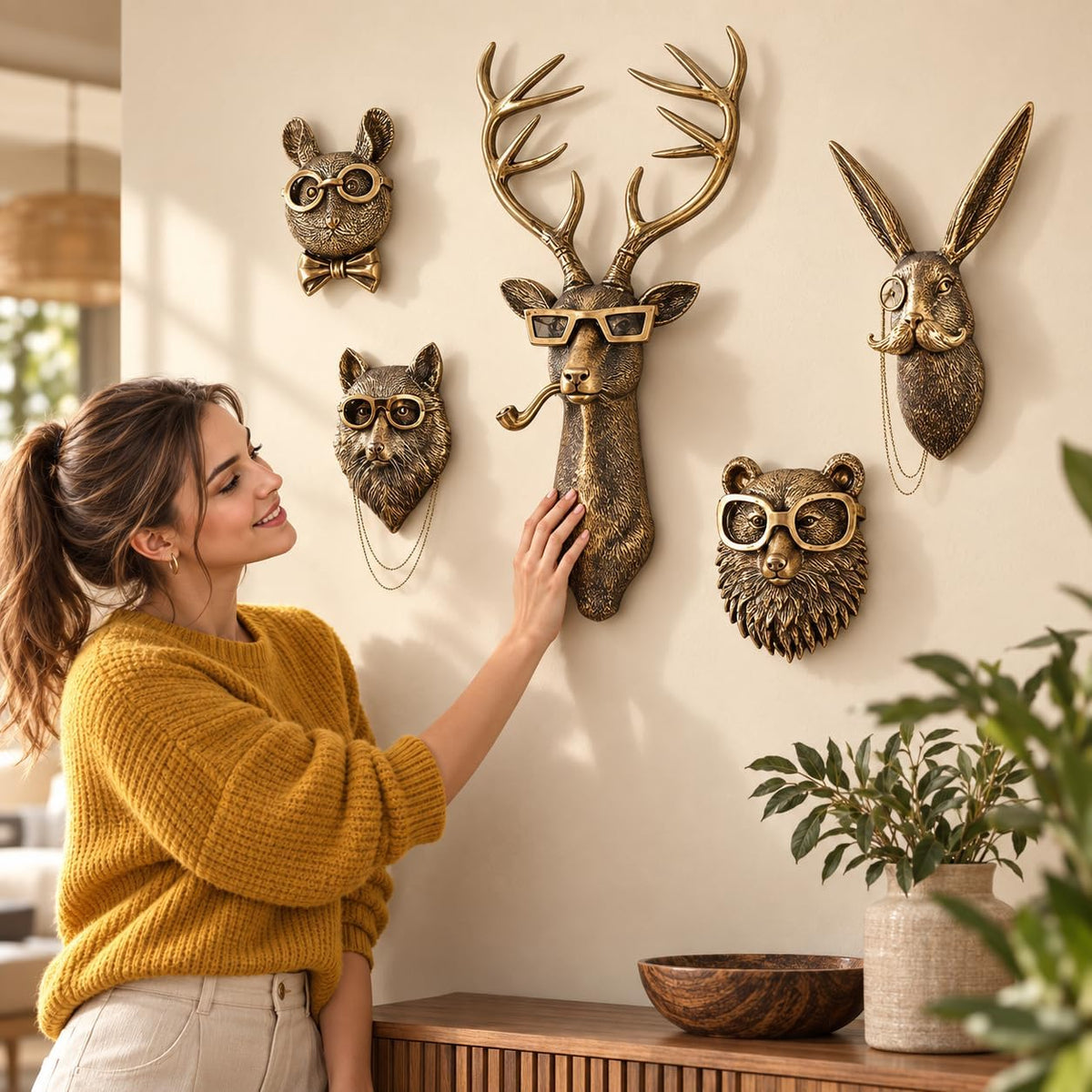 UITWMKTG Gold Animal Head Wall Decor Set of 5 - Deer, Rabbit, Mouse, Bear, Fox Wall Sculptures, Modern Wall Art for Living Room, Bedroom, Office, Gold Wall Hanging Home Decoration