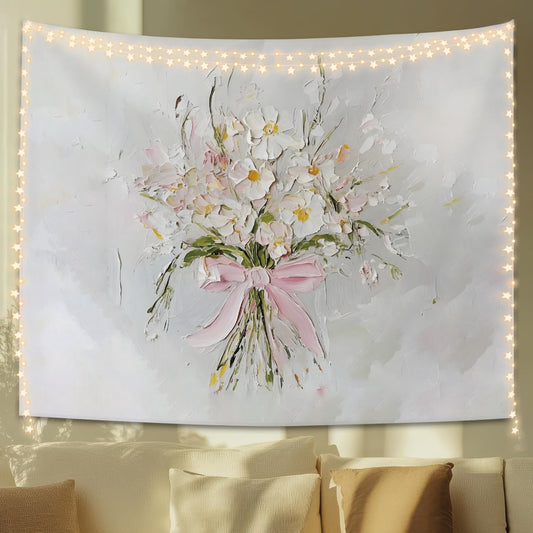 STHTTSW Wildflower Pink Bow Tapestry Aesthetic, Flower Tapestries Wall Blanket, Neutral Beige Botanical Wall Hanging Decor for Teen Girl Women Home Living Room Bedroom, 50x60 Inch