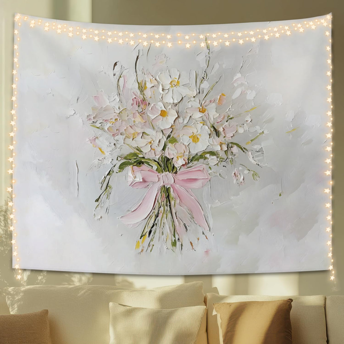 STHTTSW Wildflower Pink Bow Tapestry Aesthetic, Flower Tapestries Wall Blanket, Neutral Beige Botanical Wall Hanging Decor for Teen Girl Women Home Living Room Bedroom, 50x60 Inch