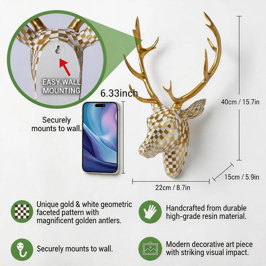 GIGICICI Mosaic Deer Head Wall Decor 15.7x8.7 Inch, Artistic Faux Resin Animal Head Wall Sculpture Hanging for Living Room Bedroom Kitchen Office, White-Gold Gift