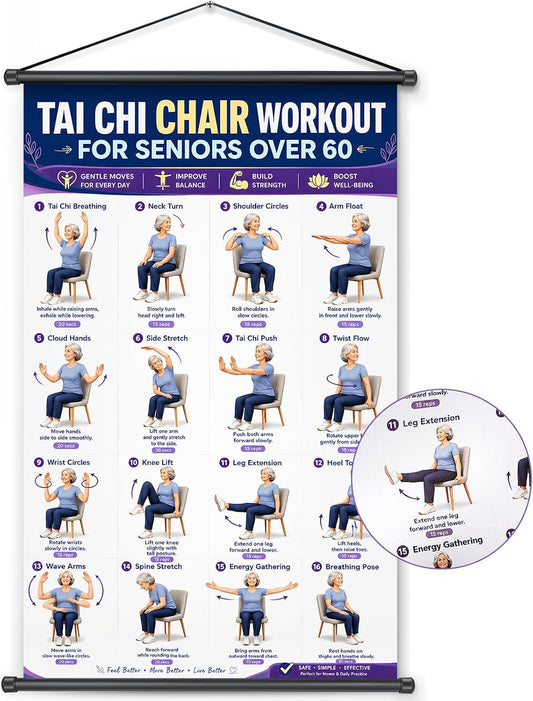 Xpenzi Seated Chair Tai Chi Exercise Poster for Seniors & Beginners, Tai Chi Workout Instruction Chart, Improve Balance & Flexibility, Instructional Wall Art Print, 16 x 24 Inches