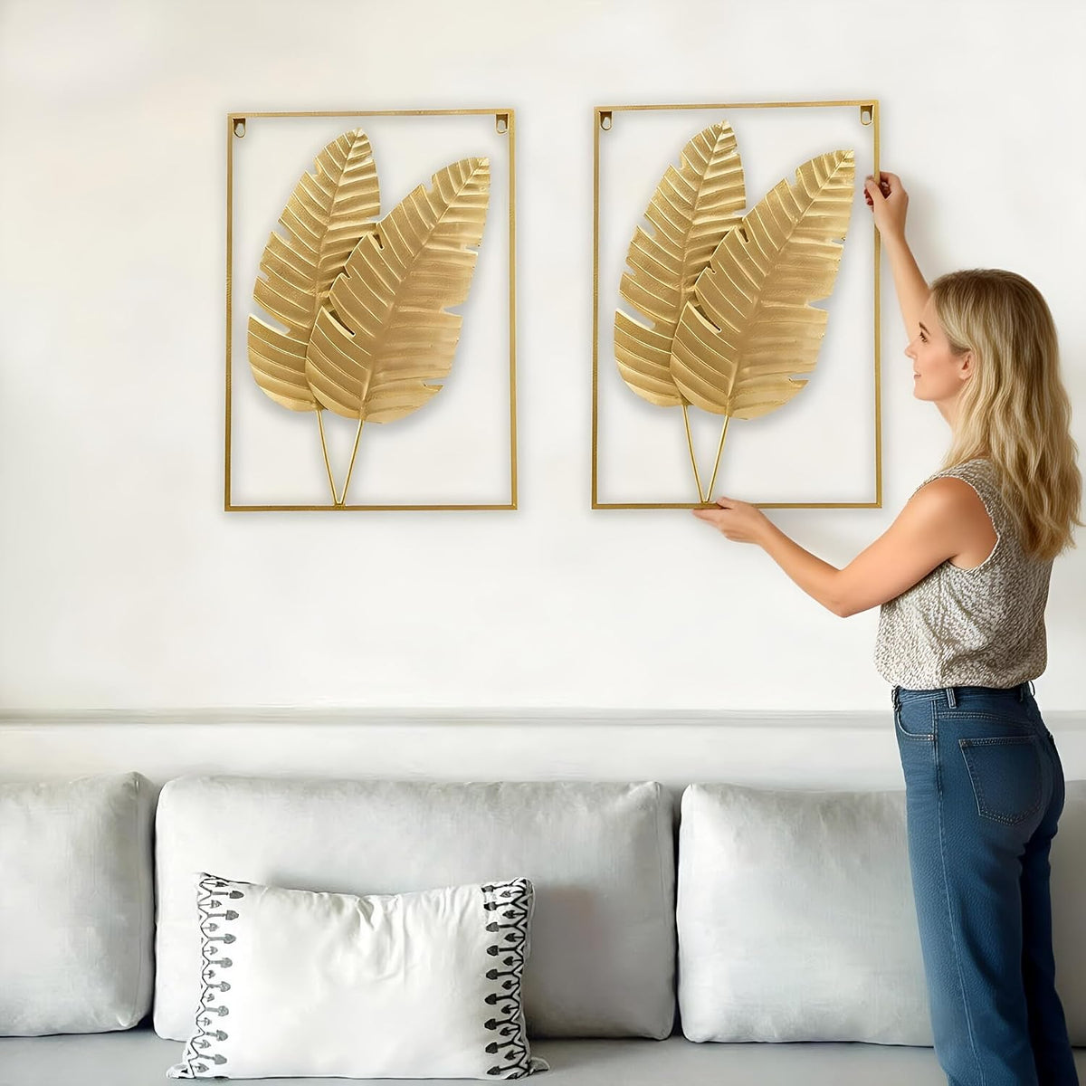 HKaikzo Gold Metal Wall Decor Set of 2, Leaf Hanging Home Decor with Frame