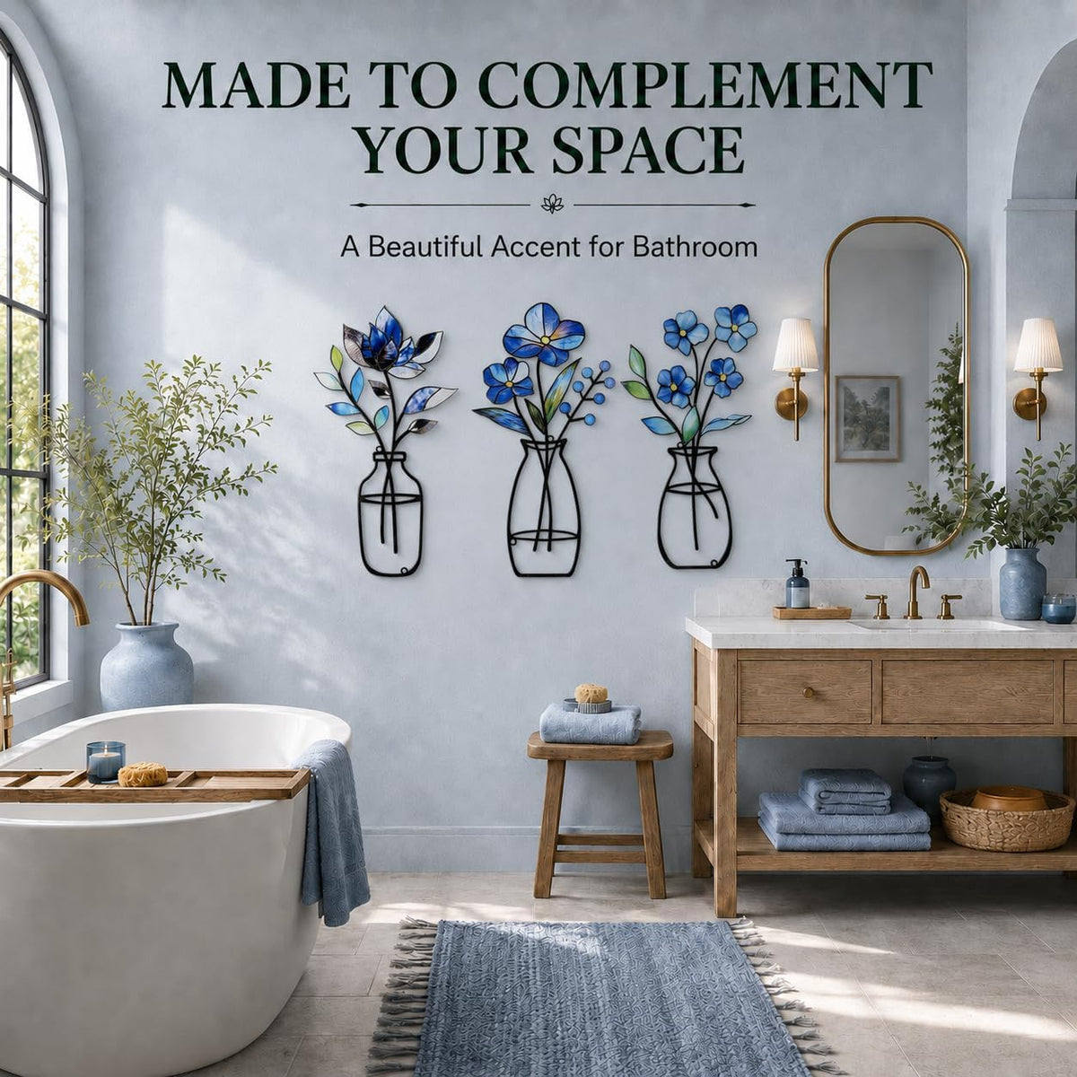 3 Pcs Metal Vase Wall Arts,Iron Art Painting,Rustic Farmhouse Decor Minimalist Flower Wall Decor for Bedroom Bathroom Living Room Dining Room(Blue, Vase-D)