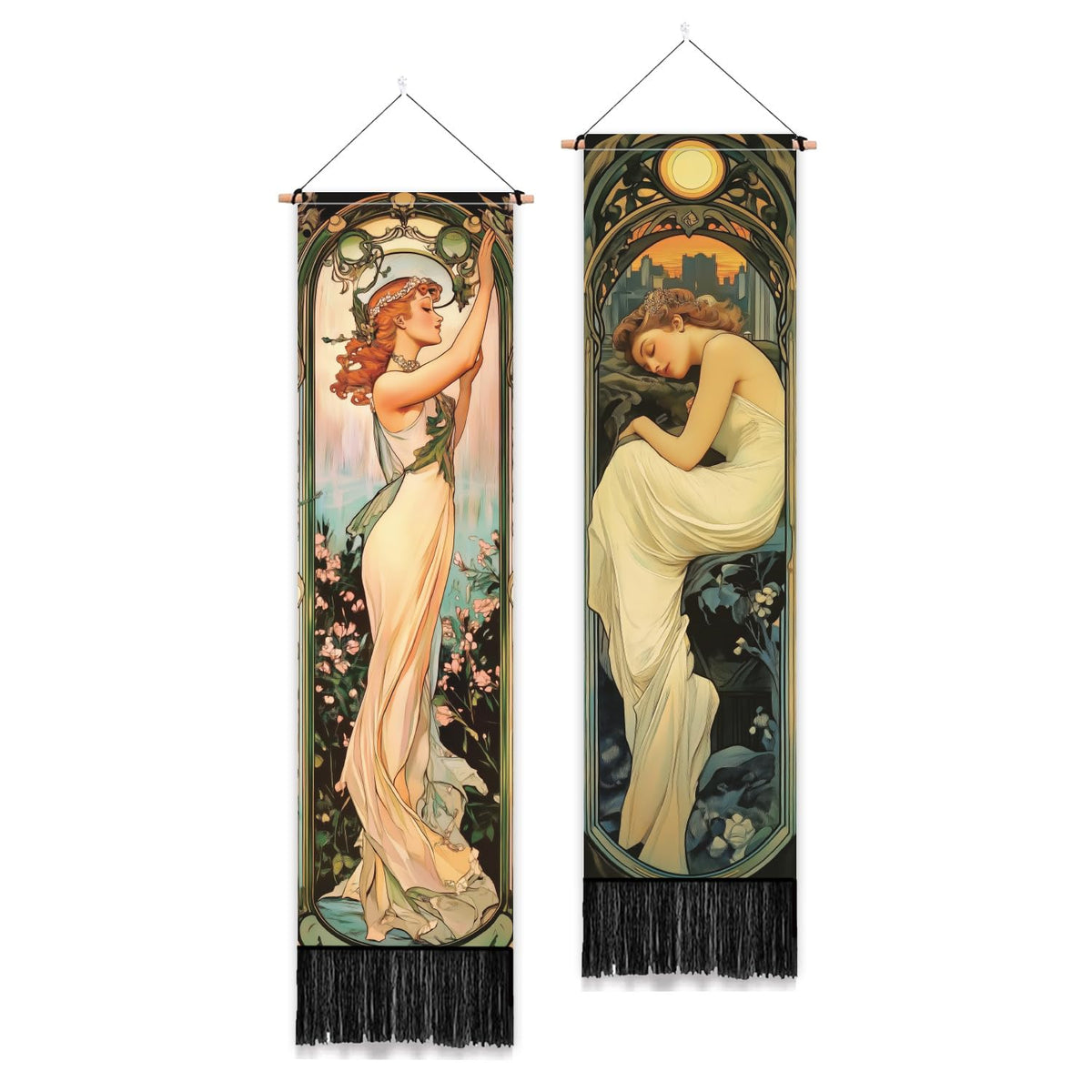 PLIGREAT 2 Pack Japanese Peony Vertical Tapestry with Tassels Elegant Flower Wall Hanging for Bedroom Bathroom Living Room Warm Long Narrow Wall Hanging Dorm Room Home Art Decor