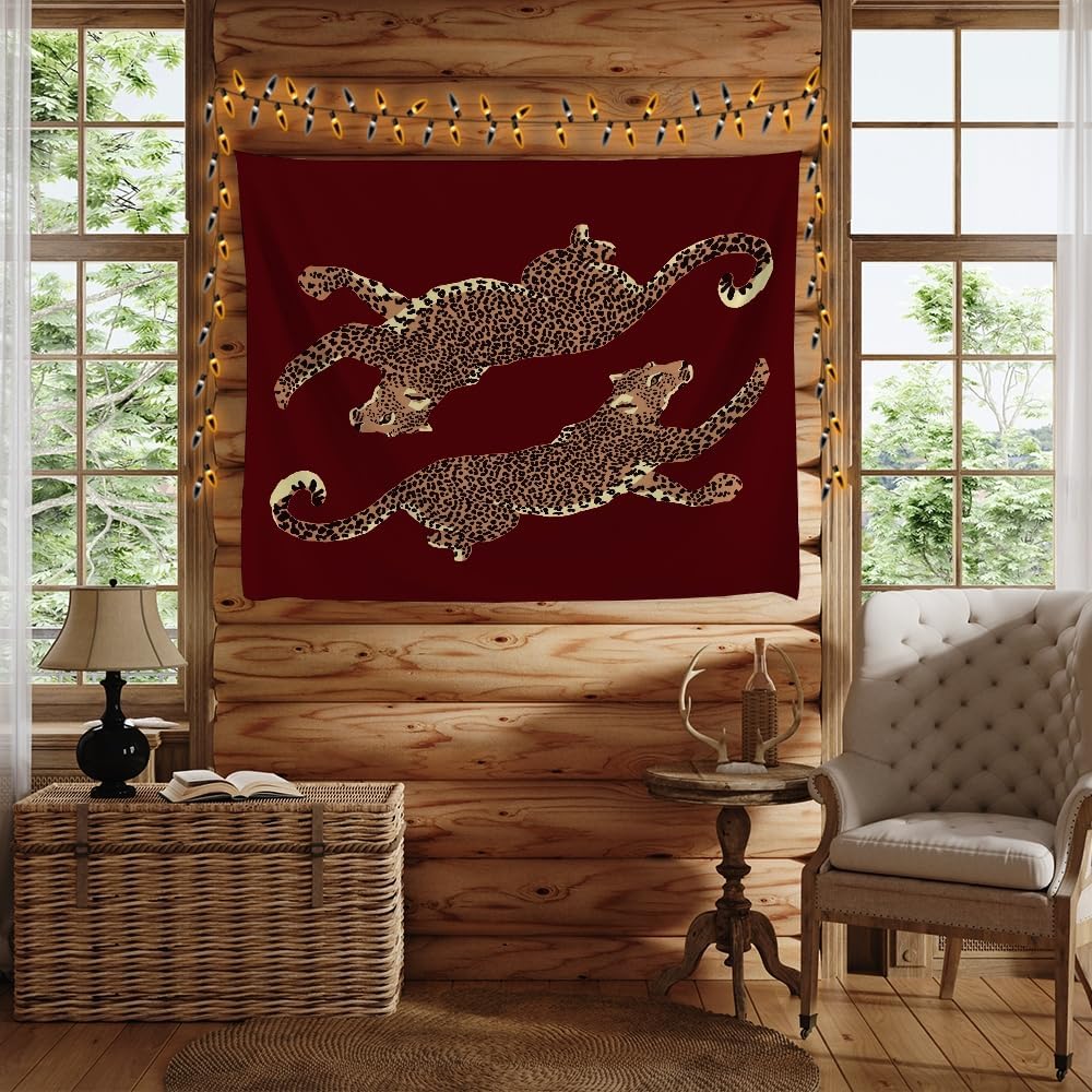 Burgundy Leopard Wall Tapestry Double Wild Cat Illustration Graphic Jungle Art Edgy Teen Room Dorm Decor Large Fabric Hanging Statement Tapestries 30x40inch