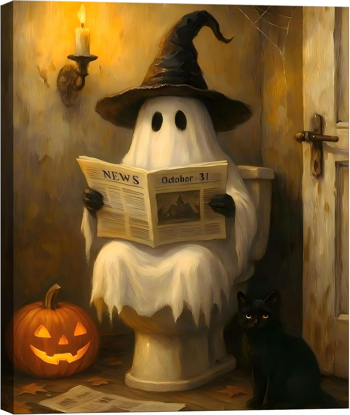 Framed Halloween Ghost Bathroom Canvas Wall Art 8x12 In, Funny Spooky Toilet Scene Canvas Prints Artwork, Dark Halloween Wall Decor Pictures for Office Home Decoration