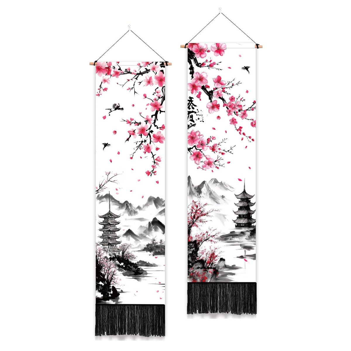 PLIGREAT 2 Pack Japanese Peony Vertical Tapestry with Tassels Elegant Flower Wall Hanging for Bedroom Bathroom Living Room Warm Long Narrow Wall Hanging Dorm Room Home Art Decor