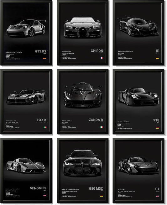 CSLGQGV Car Poster Vintage Racing Car Wall Art Supercar Canvas Prints Painting For Men Room Pictures Guys Dorm Room Aesthetics Decor Bedroom Office (Unframed,8×10inch,9pcs) black