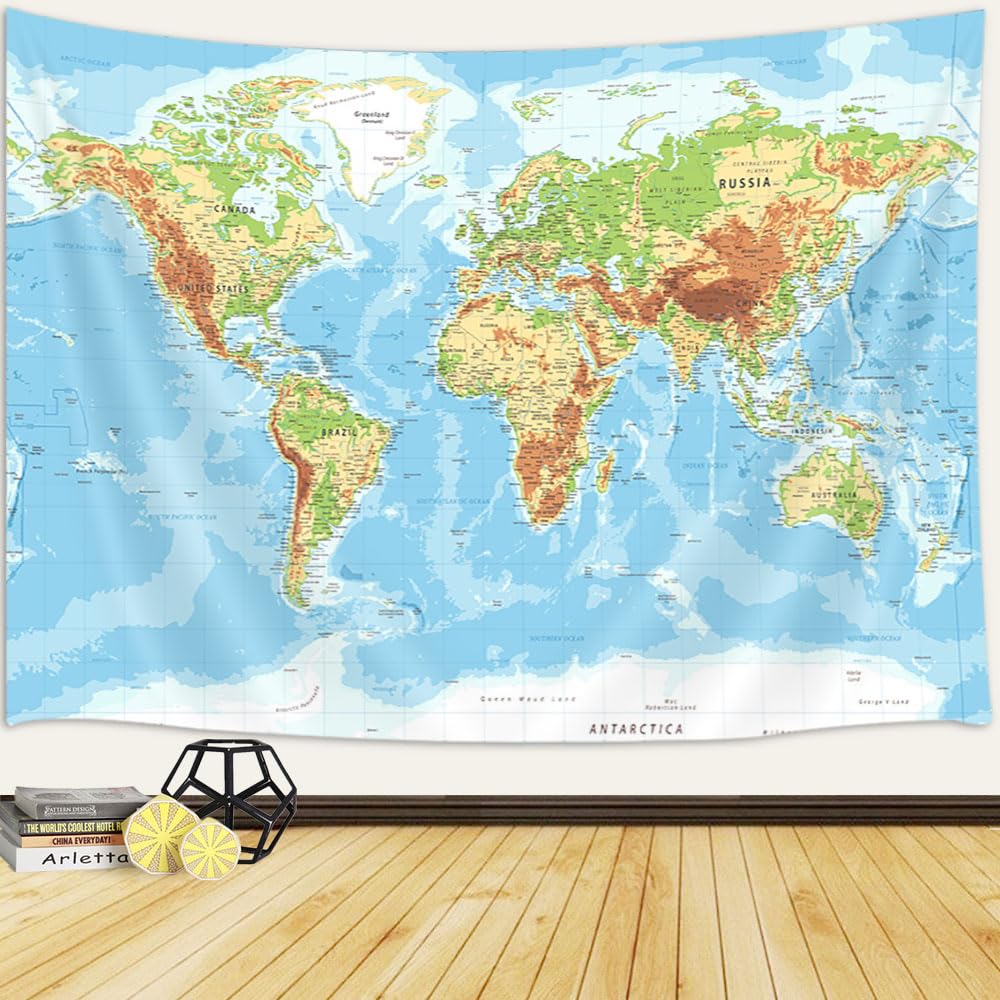 JAWO World Map Tapestry, Map of the World with Countries and Major Cities Wall Tapestries for Kids Student, World Map of the World Tapestry 60X40 Inch(Yellow)