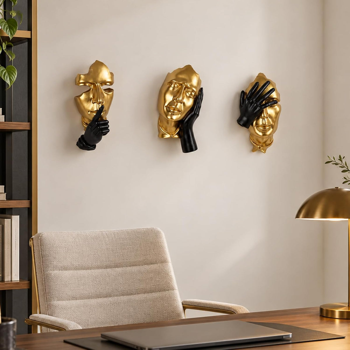 Face Wall Sculptures Set of 3, Modern 3D Abstract Wall Art, Black and Gold