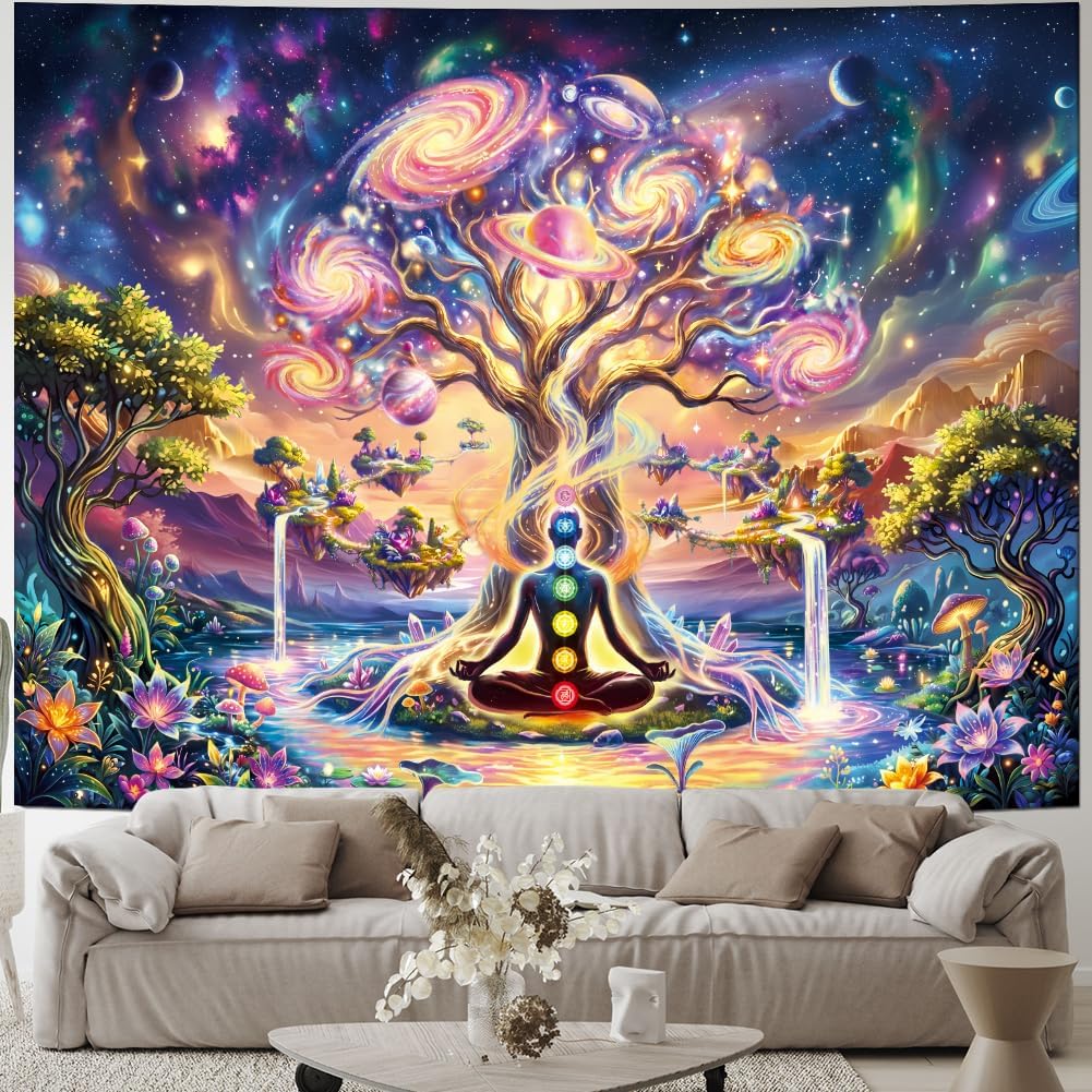 Lahasbja Blacklight Chakra Tree of Life Tapestry Trippy Galaxy Space Meditation Tapestry UV Reactive Spiritual Yoga Wall Hanging Aesthetic Planet Waterfall Landscape Background for Bedroom