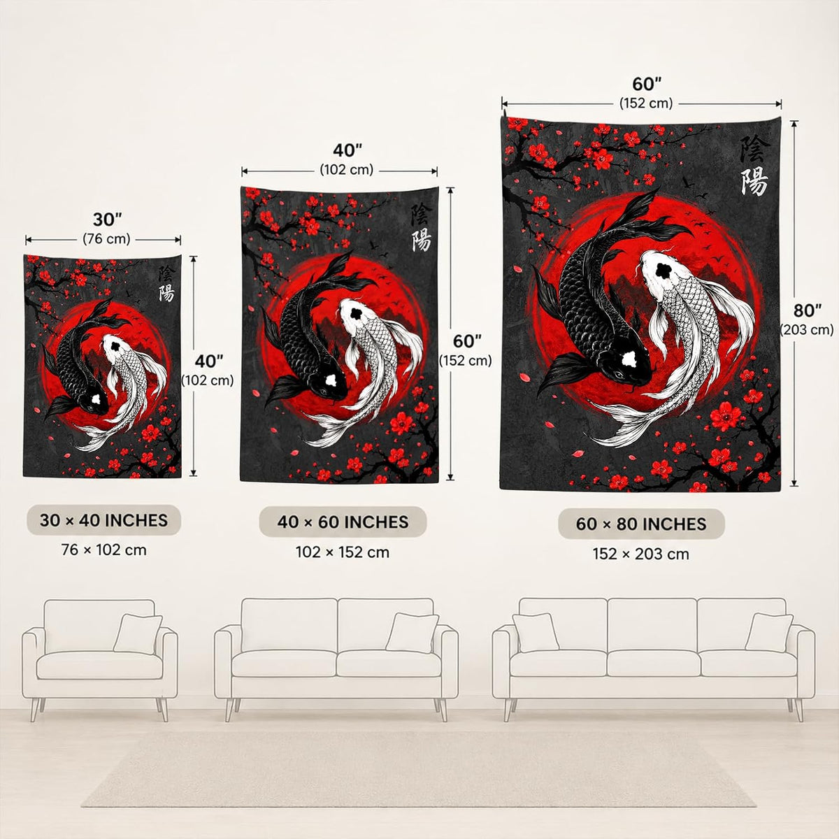 Sanzugh Japanese Yin Yang Koi Fish Tapestry, Cool Red and Black Anime Sakura Art Tapestries Vertical Wall Hanging for Men Bedroom Living Room Office Decor 40X60, Asian Cherry Blossoms Posters